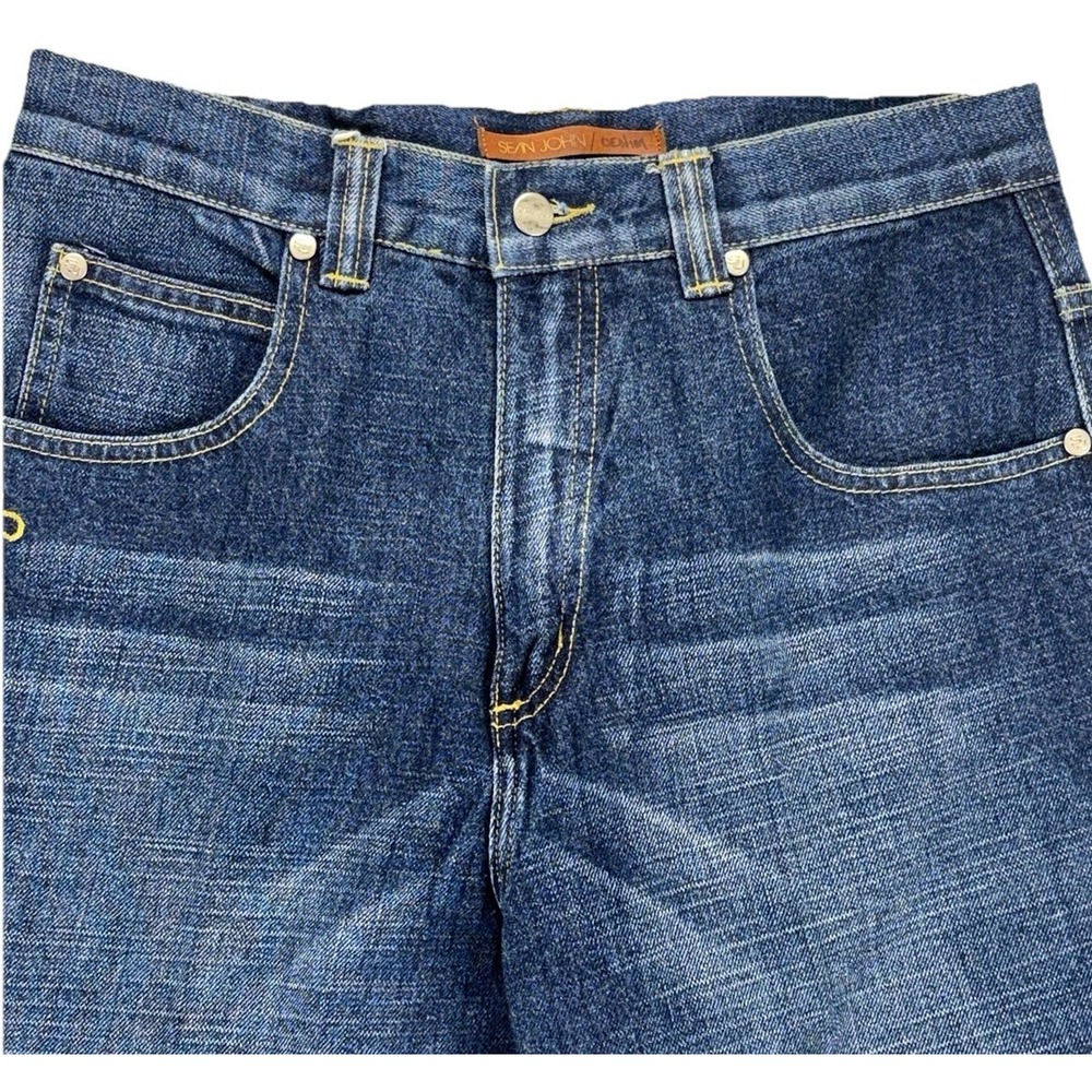 VTG Y2K Sean John Baggy Jeans Script Dark Wash Indigo Unisex Youth 16 Fits 28x30 - Picture 4 of 14